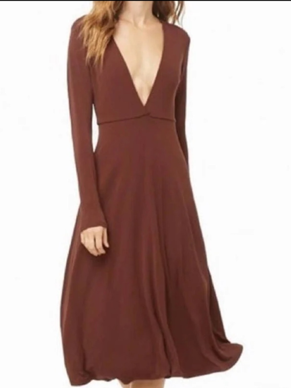 Forever 21 Contemporary - Women’s (S) Brown Long Sleeve Deep V Midi Dress